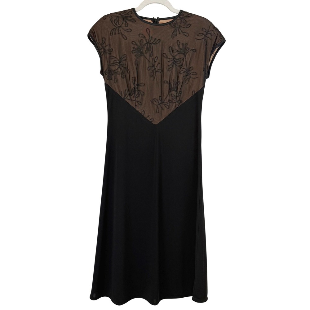 VTG JEFFREY & DARA EVENINGS Beaded Mesh 80s TOM BARRA Black‎ MIDI Dress WOMEN 6
